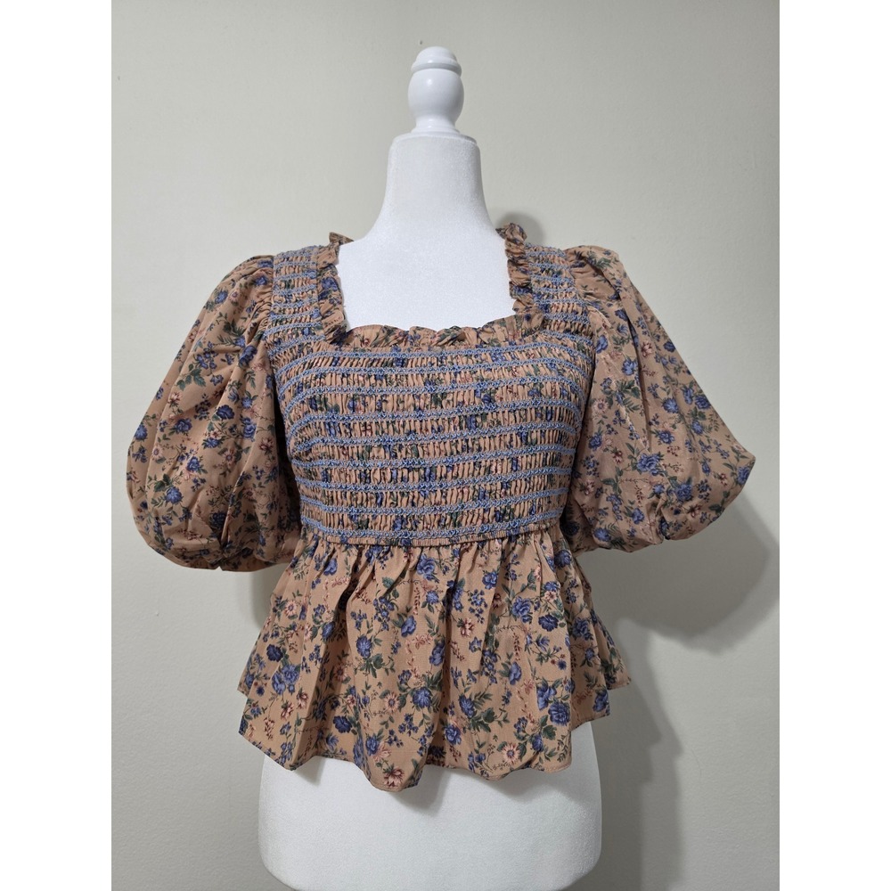 Free The Roses Anthropology Floral Smocked Puff Sleeve Top Brown Multi JJ1139T S
